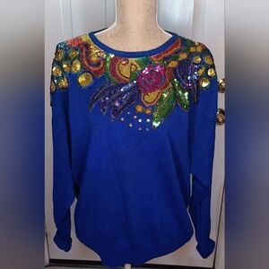 Vintage Vuctoria Harbour Blue Crew Neck Sweater with Sequin Floral Collar Size L
